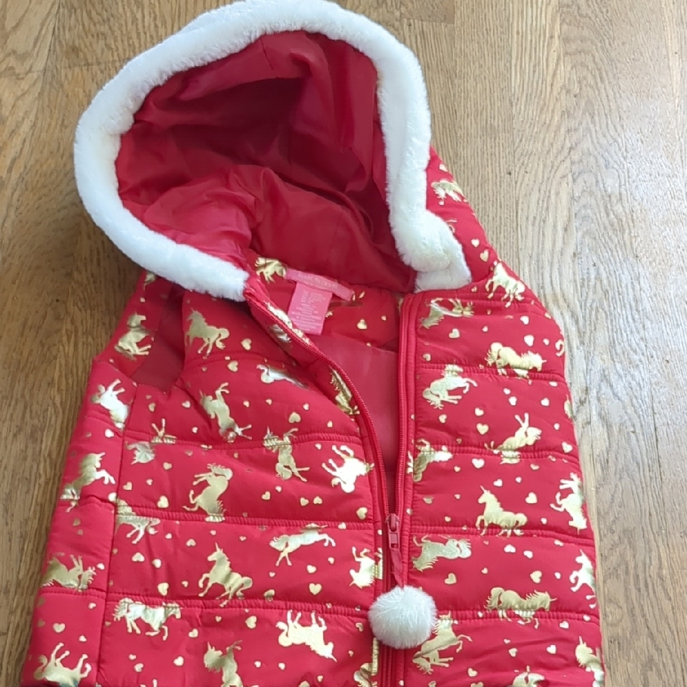 Red Hooded Vest with Gold Unicorns